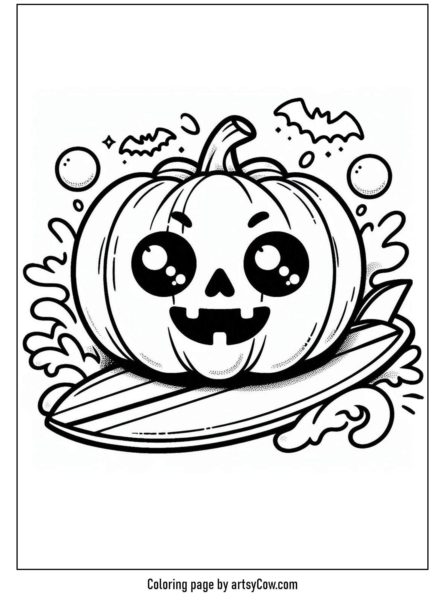 halloween coloring pages with jack-o-lantern featuring a cheerful pumpkin riding a surfboard among playful sea waves